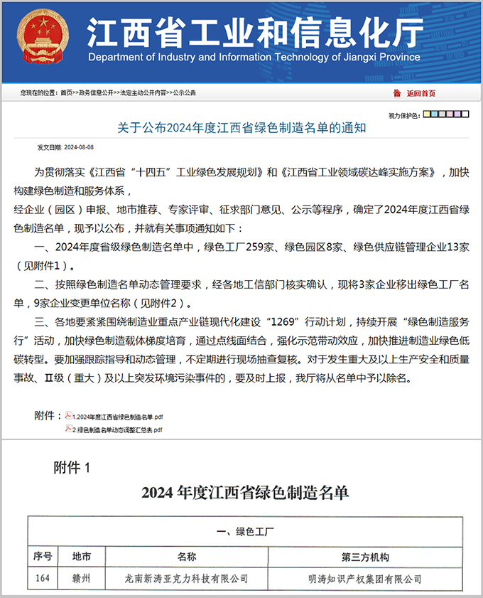 新涛入选“2024年度江西省绿色制造名单”